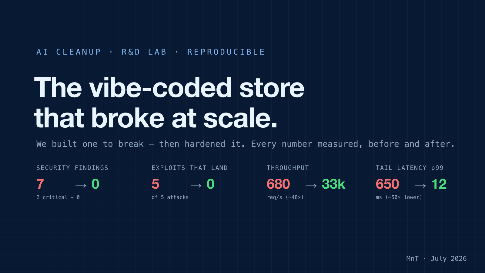 AI Cleanup Lab — We built a deliberately 'vibe-coded' store, proved it was broken with live exploits and a load test, then rebuilt it hardened — every number measured, before and after.